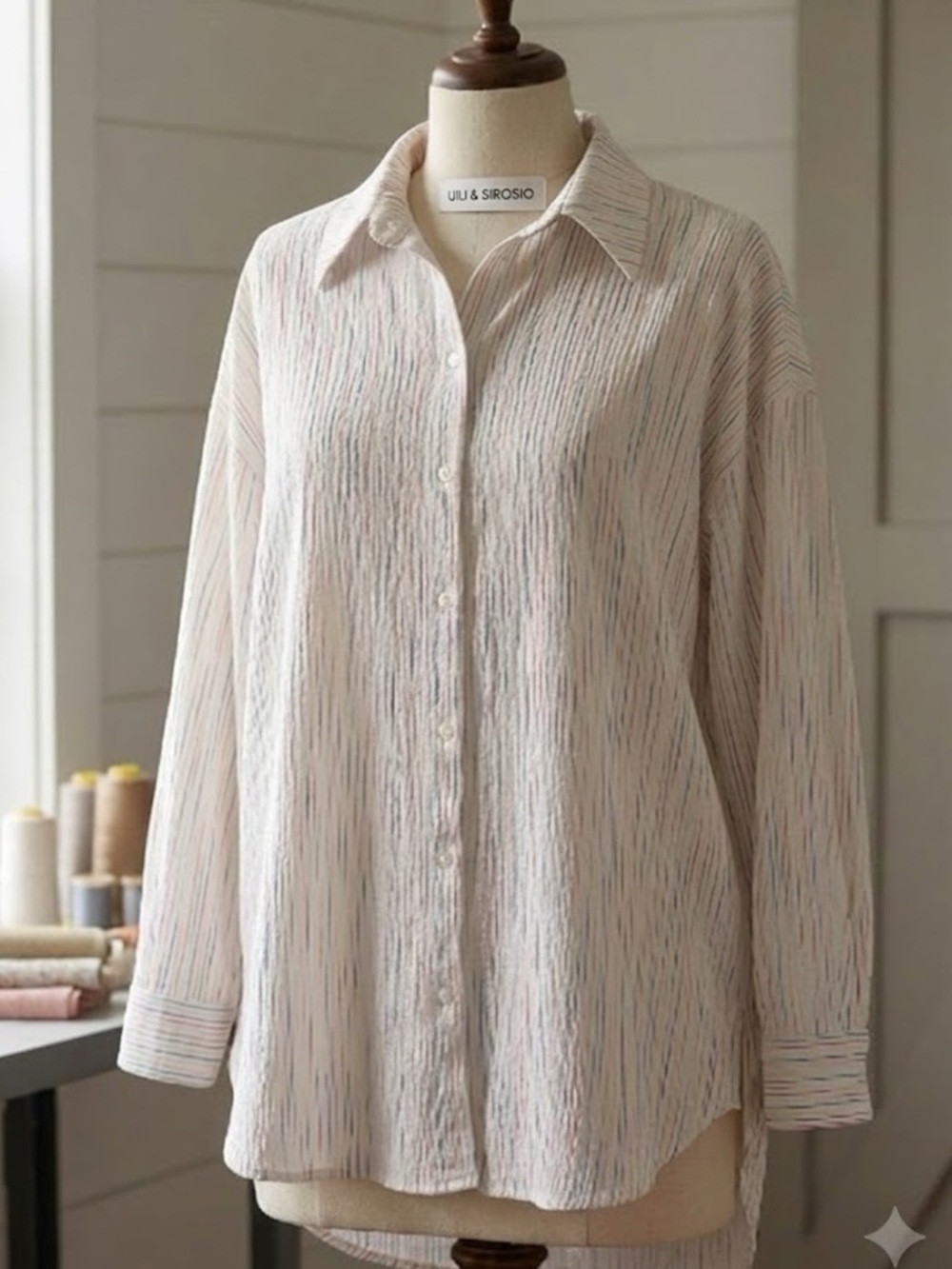 Lili Sidonio Textured Button Up Oversized Relaxed Pinstripe Shirt Sz Large